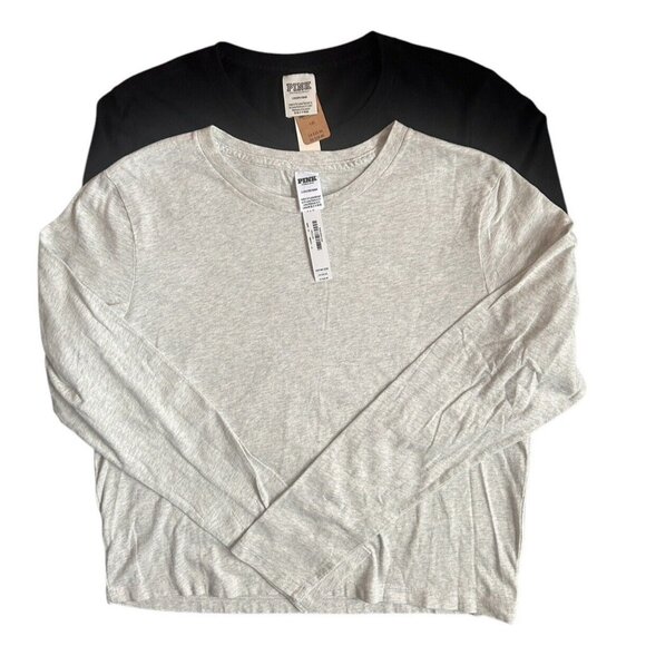 Pink Victoria's Secret 2 Cotton Long Sleeve Crew Neck Mid-Length Gray Black M - Picture 1 of 15